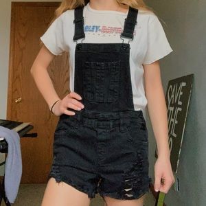 Black distressed overall shorts